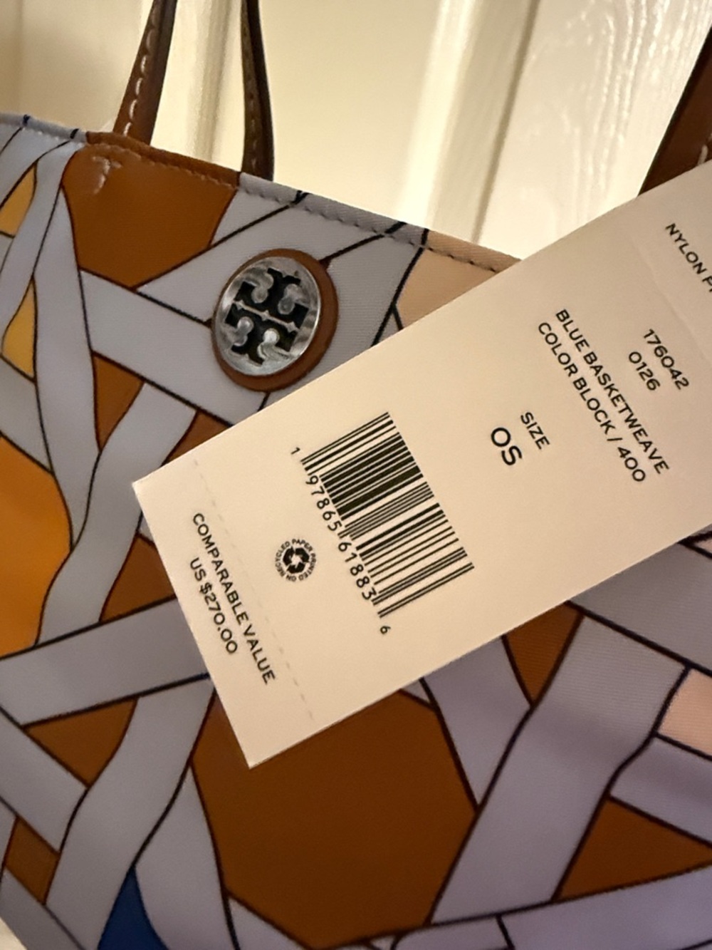 Tory Burch Nylon Printed Mini Tote Blue Basketweave Colorblock - Picture 3 of 11